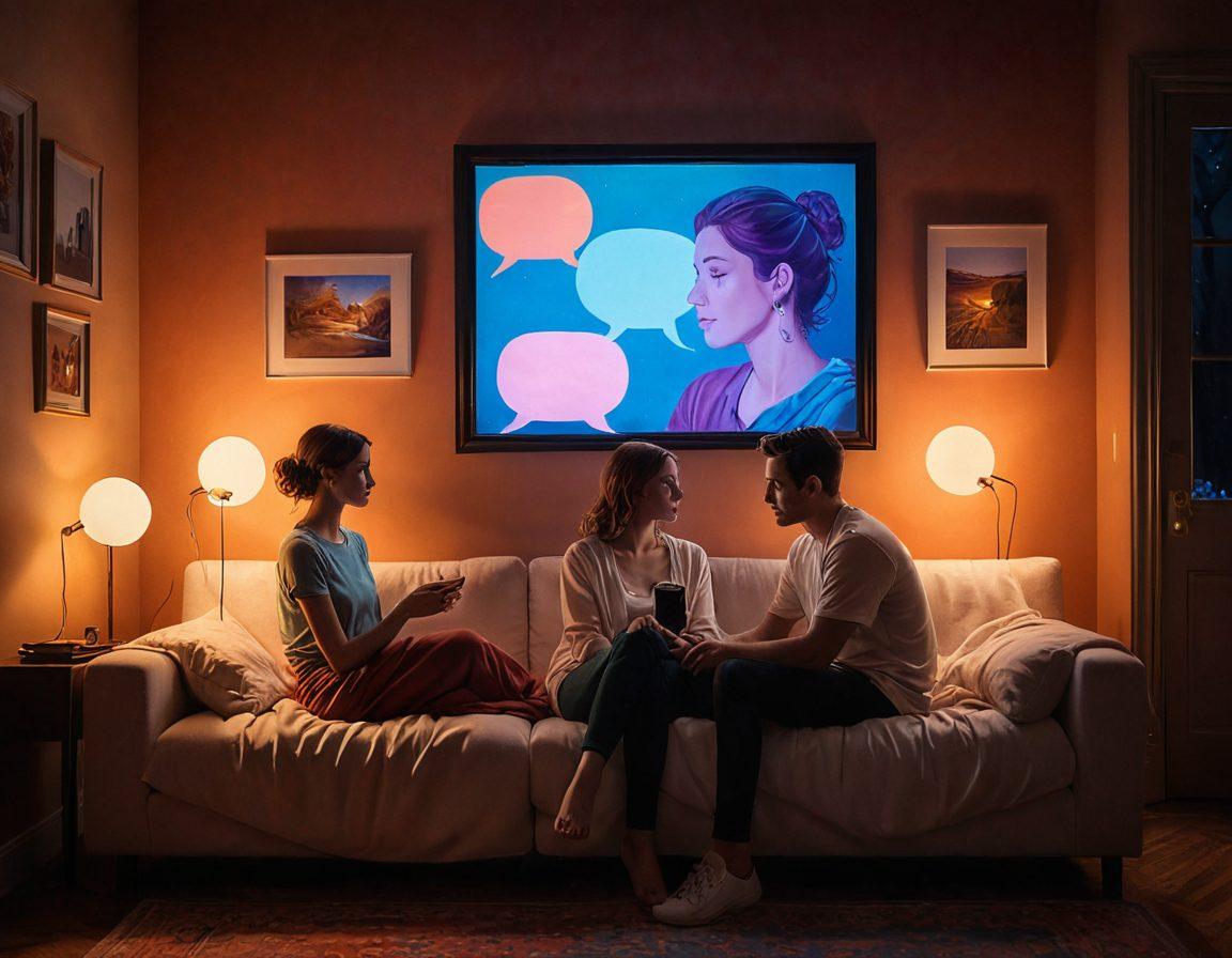 A thought-provoking scene featuring a couple sharing a tender moment in a cozy, dimly lit room filled with soft ambient lighting, with hints of various screens reflecting a blend of warmth and technology. Include whispered dialogues captured in colorful speech bubbles, symbolizing intimacy and connection amidst a digital backdrop. The contrast of warm and cool tones represents the duality of affection and adult content. surrealism. warm colors.